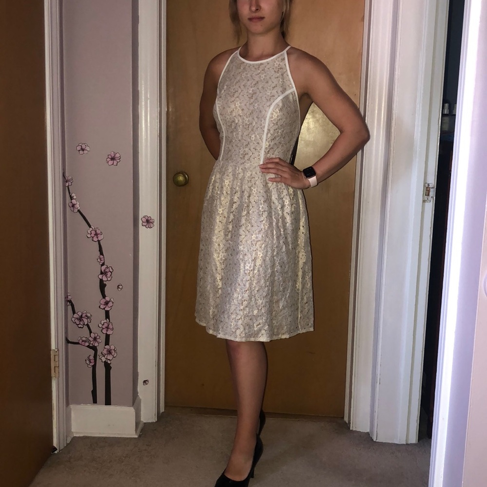 Ark & Co dress that is off white lace and gold
